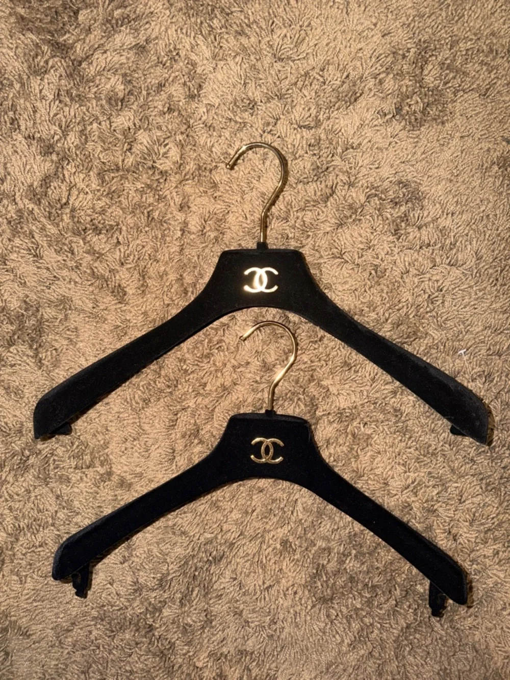 Lot of 2 CHANEL Black Velvet Hangers with Gold CC Logo and Hooks
